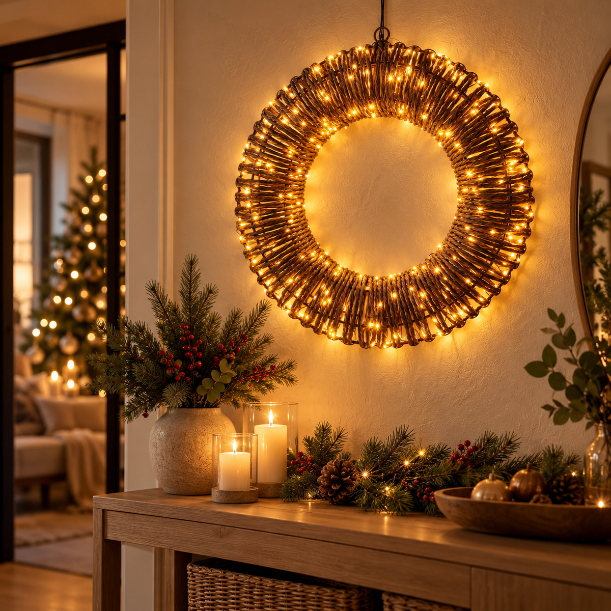 LED Julekrans med 400 Varmhvide Lys – Ø38 cm med Timer til Udendørs Brug