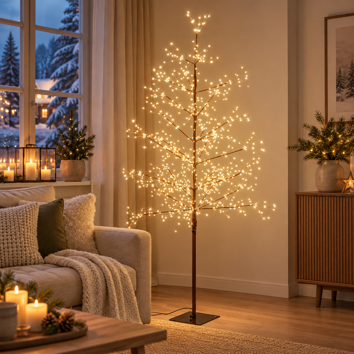 Dekorativt LED Træ 180 cm med 1170 Varmhvide Lys – Timer & Lysdæmper