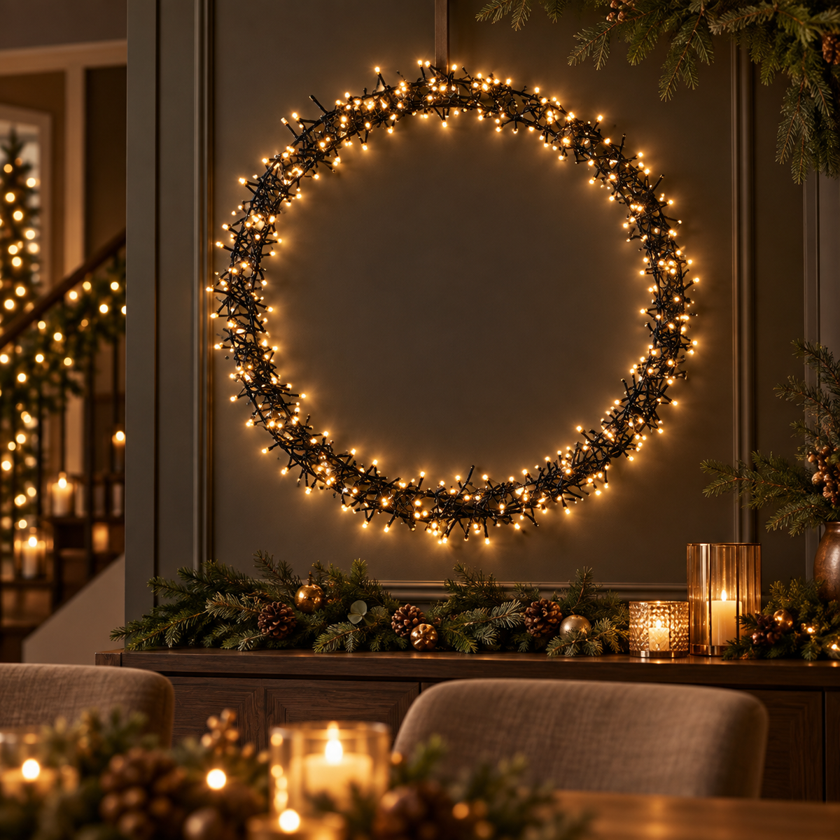 Dekorativ LED Lysring med 400 eller 500 Varmhvide Lys – Timer & 8 Lysfunktioner