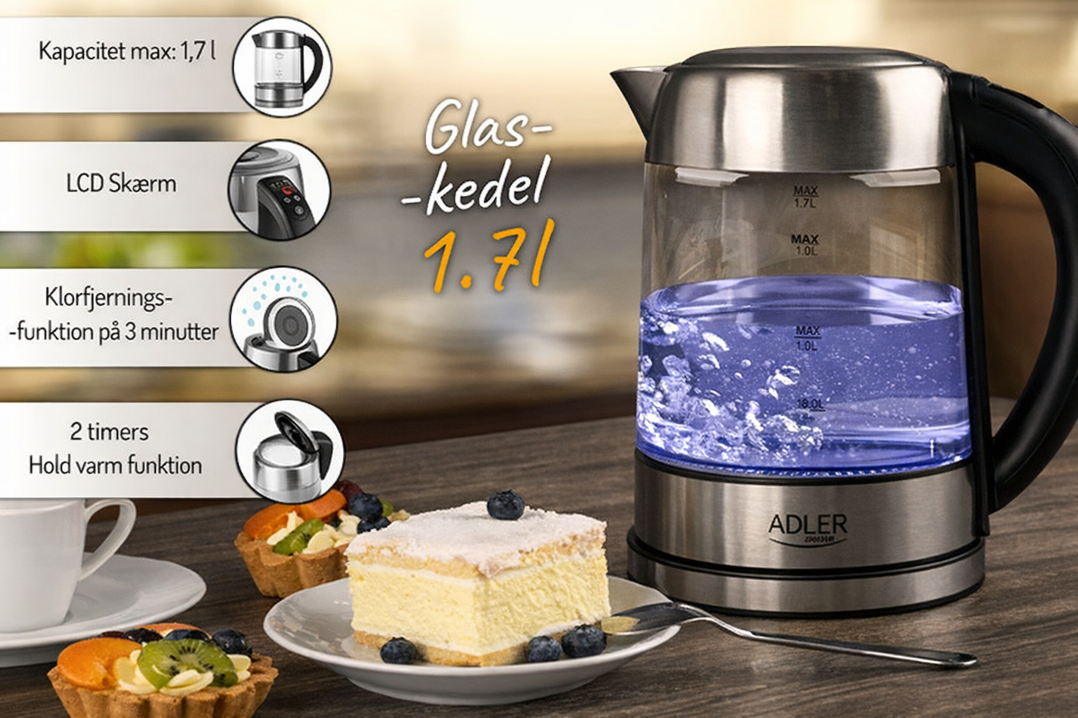 Vattenkokare 1,7 L i glas, temperaturstyrd, med LCD och LED-belysning