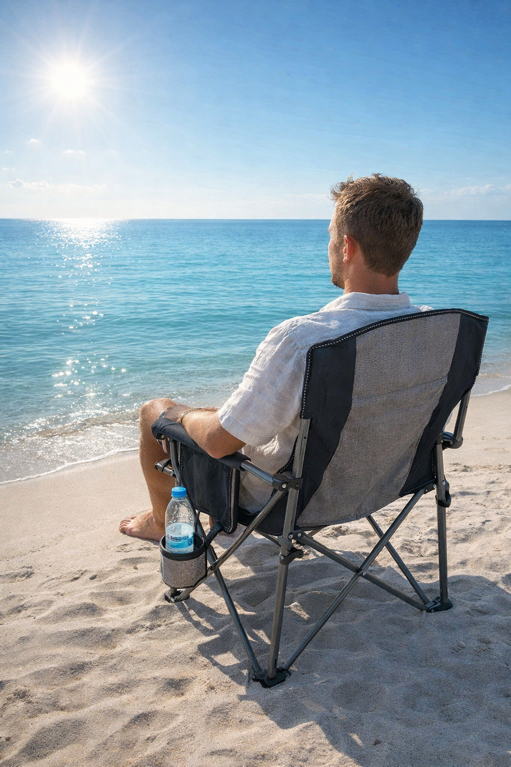 Campingstol, hopfällbar med hög rygg och mugghållare – blå och grå