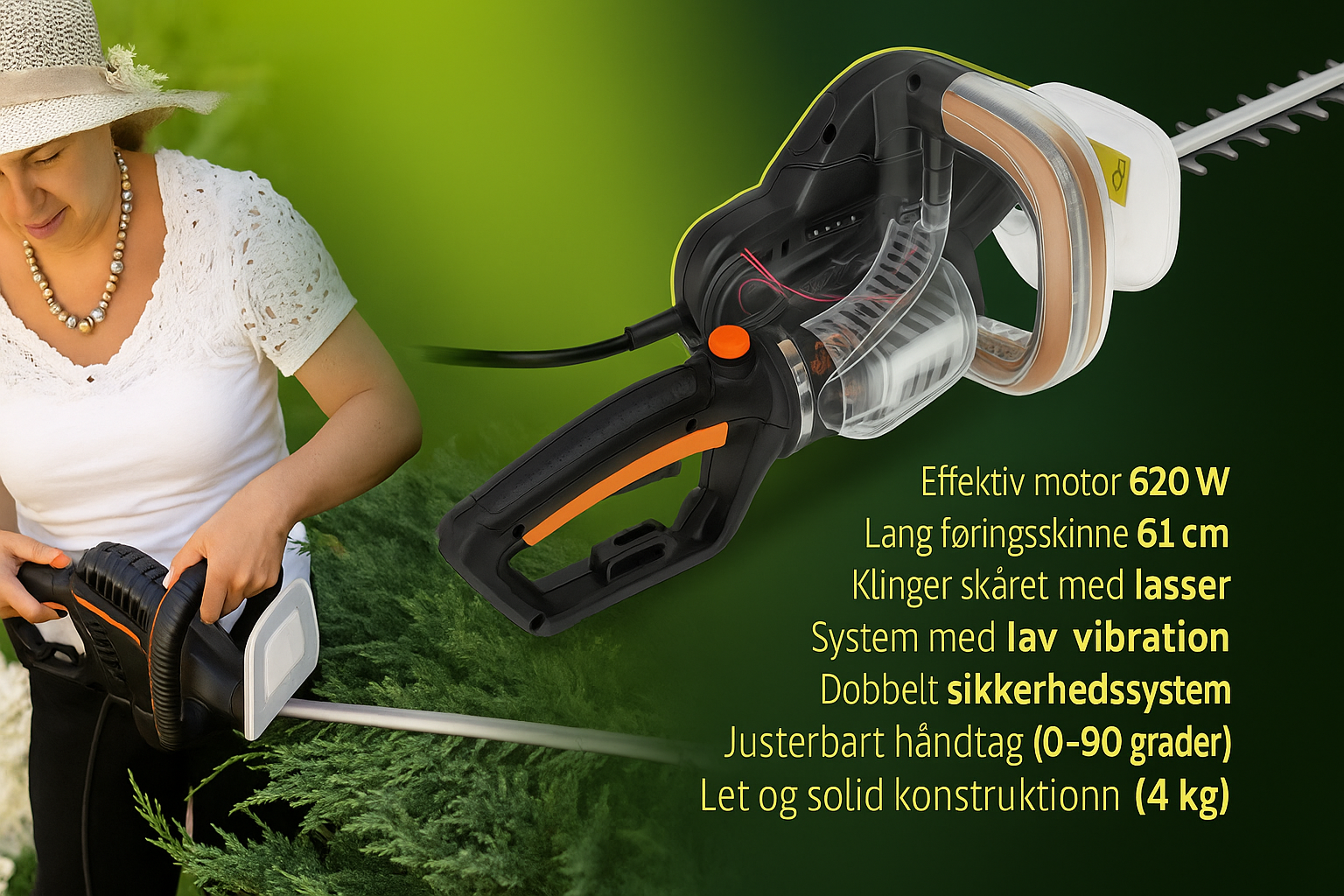 Häcksax 620W, elektrisk med justerbart handtag och säkerhetsutrustning