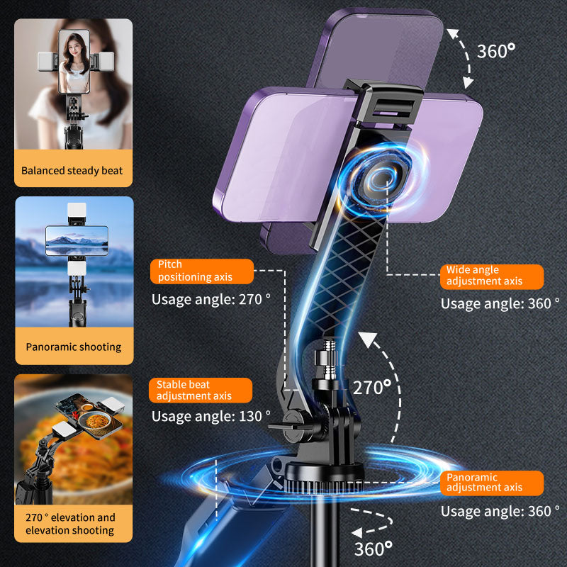 Selfiepinne, 175 cm, med LED-ljus, fjärrkontroll och stativfunktion