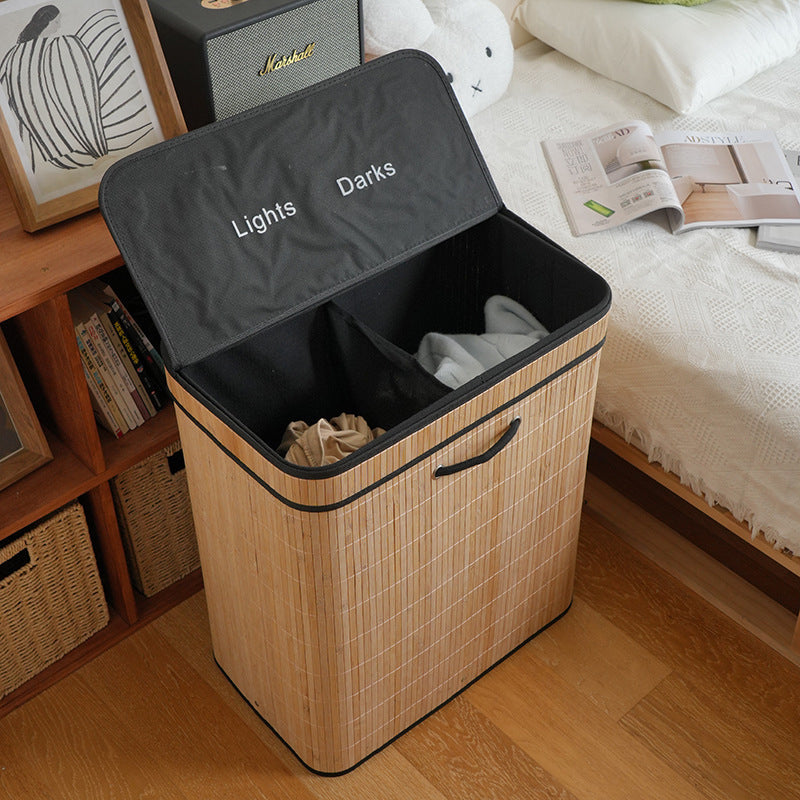 Tvådelad bambu tvättkorg 100L – Elegant korg för sortering av tvätt