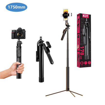 Selfiestang, 175 cm, med LED-lys, fjernbetjening & tripod-funktion