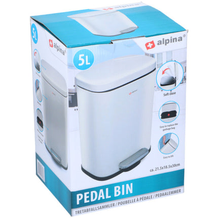 Pedalbehållare från Alpina 5 &amp; 12 liter, i matt vit med mjukstängande funktion