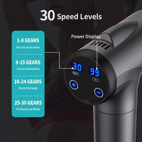 Kraftfuld Massage pistol med 6 Udskiftelige hoveder og med display