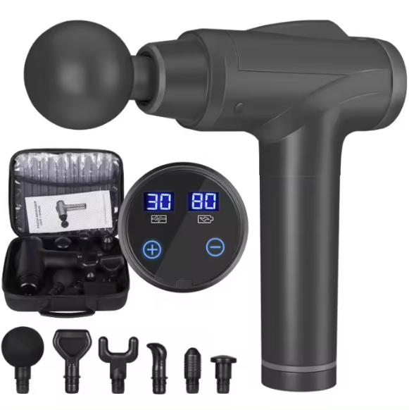 Kraftfull massagepistol med 6 utbytbara huvuden och med display