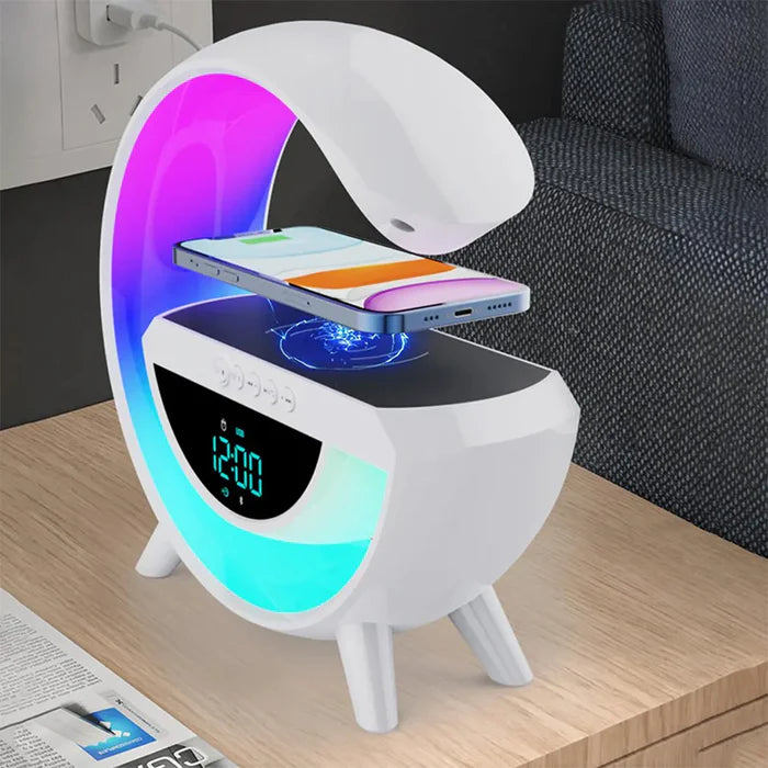 Lampe med ur og Trådløs Opladning, Bluetooth Højttaler