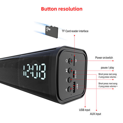 Multifunktionel Bluetooth Soundbar med Ur og Alarm