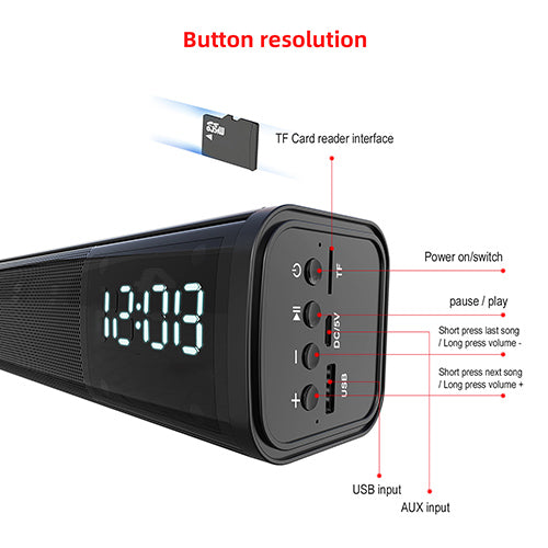 Multifunktionell Bluetooth-soundbar med klocka och alarm