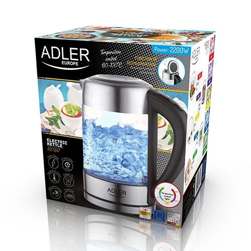 Vattenkokare 1,7 L i glas, temperaturstyrd, med LCD och LED-belysning