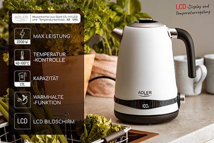 Snygg vattenkokare i rostfritt stål med LCD-skärm och temperaturkontroll – 1,7 L
