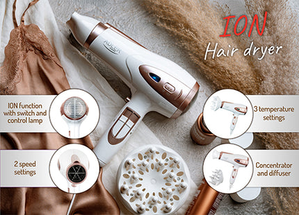 Hårtørrer med Ionfunktion og diffuser – 2200W, Hvid