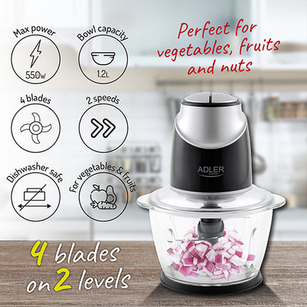 Køkkenhakker med Glasbeholder & 4 Rustfri Stålblade – 1,2L