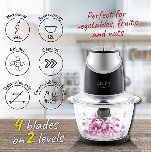 Køkkenhakker med Glasbeholder & 4 Rustfri Stålblade – 1,2L