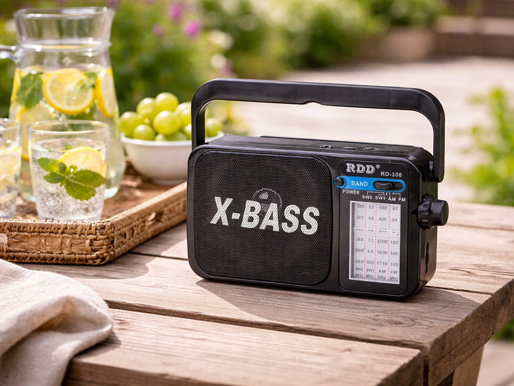 Radio, bärbar, – FM/AM/SW, uppladdningsbar med X-BASS & ficklampa