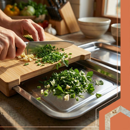 Skærebræt i Bambus med udtrækkelige beholdere – Smart køkkenorganisering