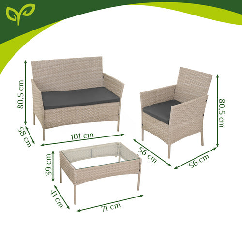 Havemøbelsæt Beige – Sofa, 2 stole og bord med glasplade