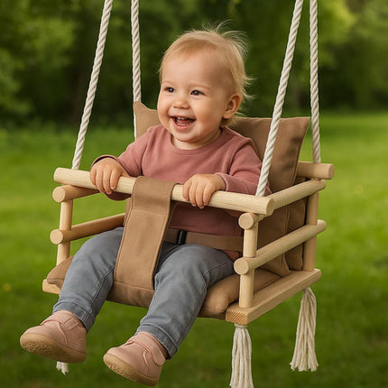 Børnegynge til indendørs brug – Velour & Træ – Beige (12 mdr.+)