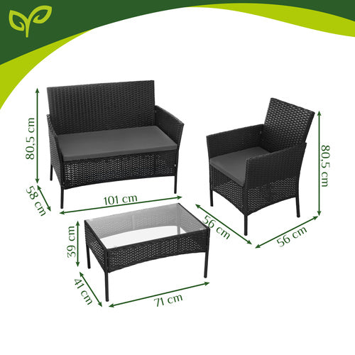 Havemøbelsæt – Sofa, 2 Stole, Bord med Glas & Hynder