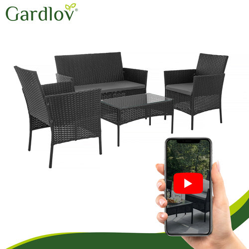 Havemøbelsæt – Sofa, 2 Stole, Bord med Glas & Hynder