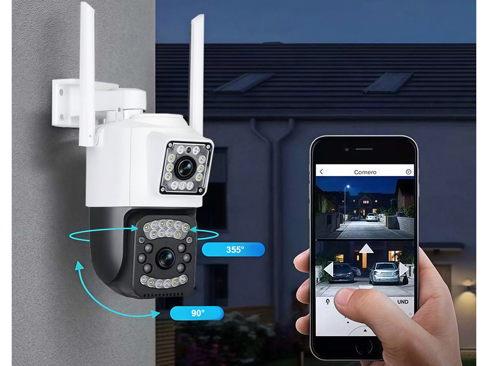 Övervakningskamera med två linser, 4G och WiFi – Roterande, 6MP, mörkerseende och rörelsedetektor
