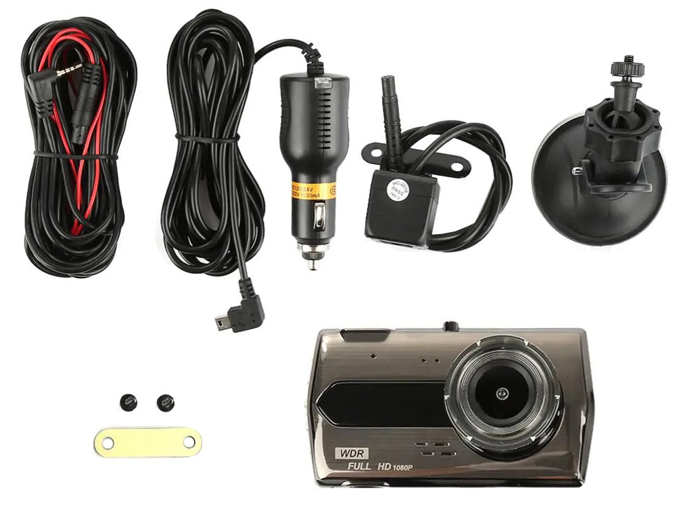 Full HD Bilkamera med 4" LCD-skærm og 2 kamera (Foran og bakkamera)