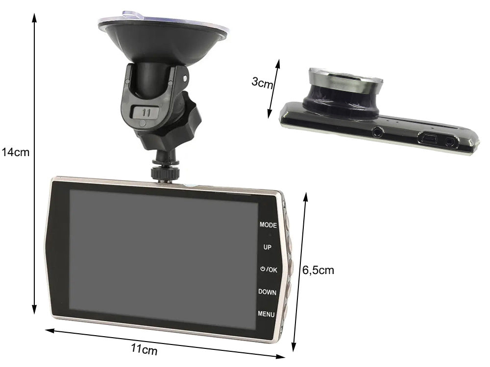 Full HD Bilkamera med 4" LCD-skærm og 2 kamera (Foran og bakkamera)