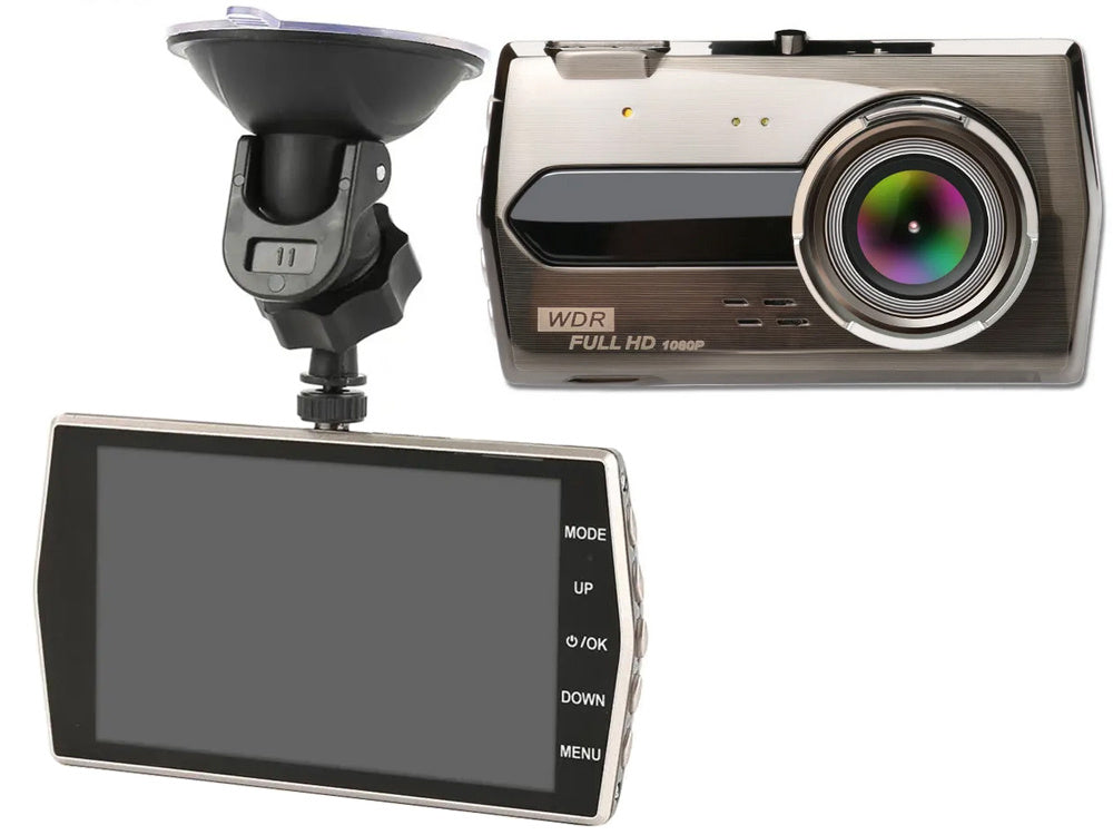 Full HD Bilkamera med 4" LCD-skærm og 2 kamera (Foran og bakkamera)
