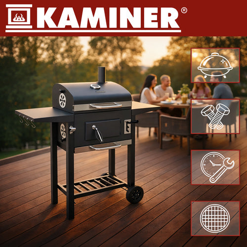Kulgrill med Låg, Termometer og Støbejernsriste – Inkl. Overtræk & Grilltilbehør