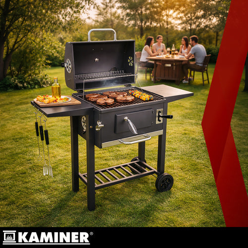 Kulgrill med Låg, Termometer og Støbejernsriste – Inkl. Overtræk & Grilltilbehør