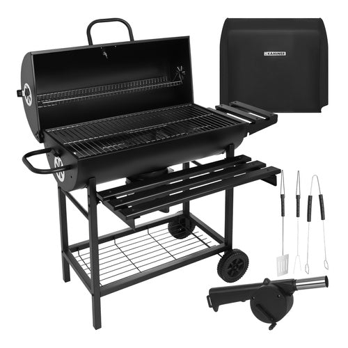 Stor kulgrill med låg, termometer & hylder – 2 riste & askeskuffe