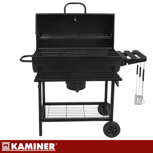 Stor kulgrill med låg, termometer & hylder – 2 riste & askeskuffe