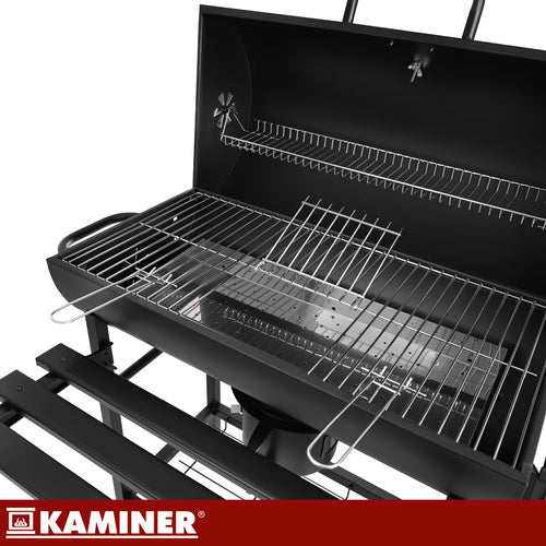 Stor kulgrill med låg, termometer & hylder – 2 riste & askeskuffe
