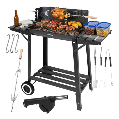 Kulgrill med Rotisserie og varmehylde – Stabil havegrill med hylder