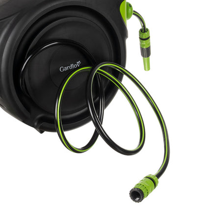 Komplett trädgårdsslang med automatisk upprullning – 25 meter med väggfäste och sprutpistol