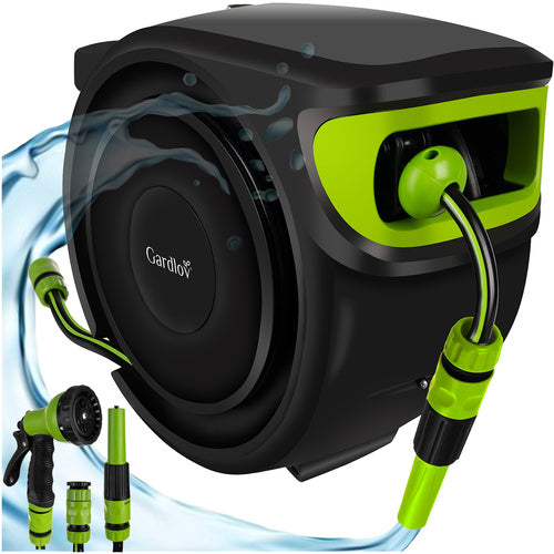 Komplett trädgårdsslang med automatisk upprullning – 25 meter med väggfäste och sprutpistol