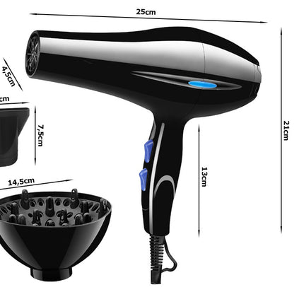 Kraftfull hårtork med justerbar jonisering, diffusor och stylingmunstycke