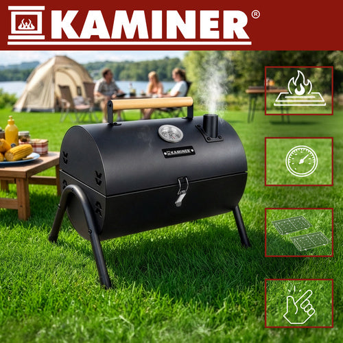 Kulgrill med Låg, Termometer og 2 Grillriste XXL – Bærbar Havegrill KAMINER