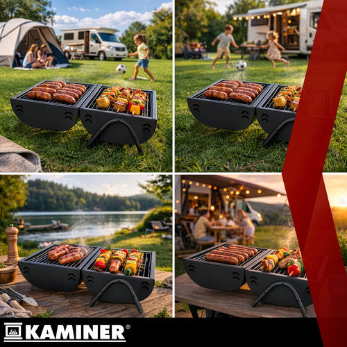 Kulgrill med Låg, Termometer og 2 Grillriste XXL – Bærbar Havegrill KAMINER