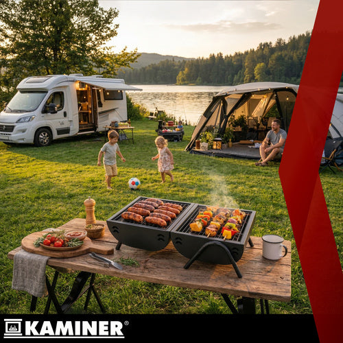 Kulgrill med Låg, Termometer og 2 Grillriste XXL – Bærbar Havegrill KAMINER