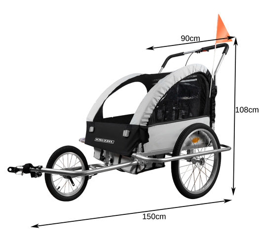 3-i-1 cykelkärra för barn – för 2 personer, joggingvagn och barnvagn – grå