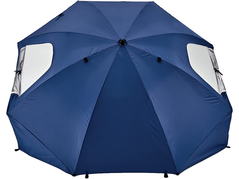 Strandparasol stor model, beskytter både mod sol og vind.