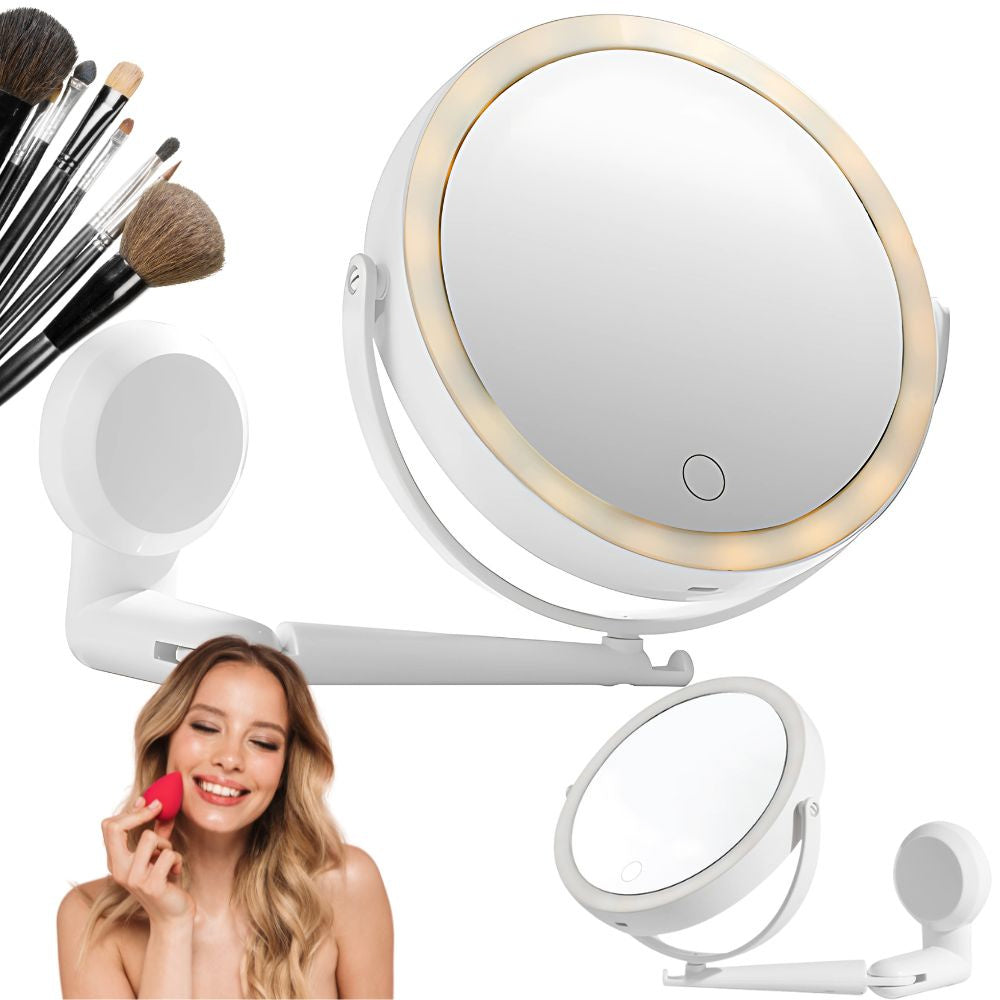 Makeup Spejl med Lys & Forstørrelse – 360° Drejbart Vægspejl