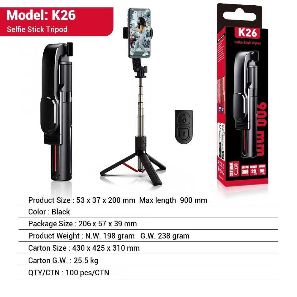 Selfie Stang & tripod med bluetooth fjernbetjening og justerbart lys