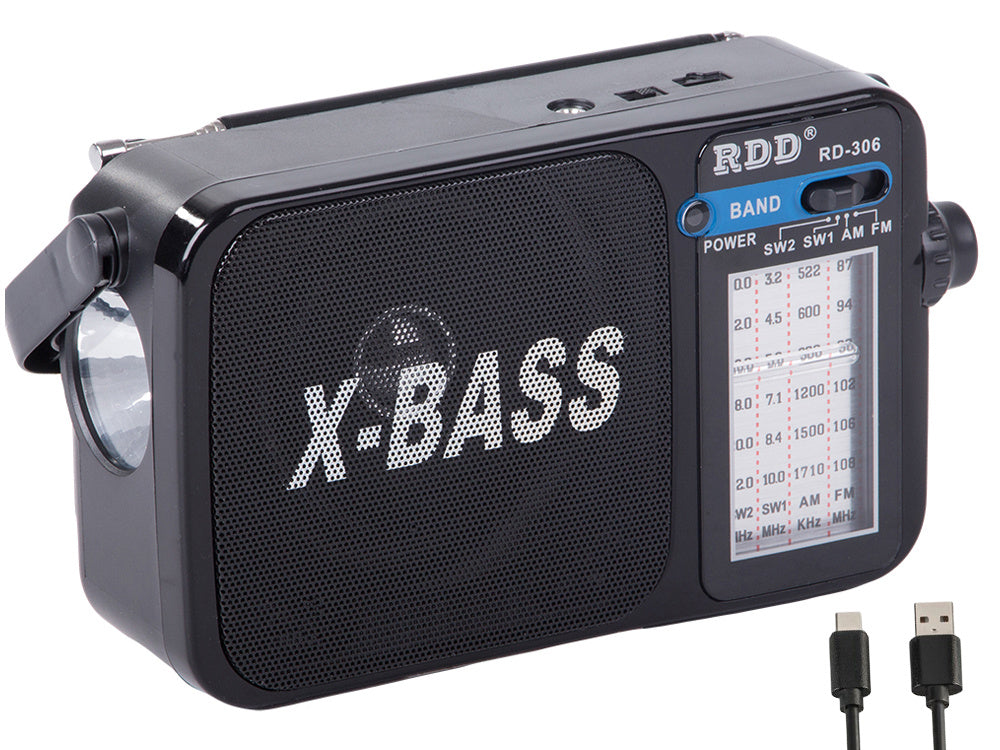 Radio, bärbar, – FM/AM/SW, uppladdningsbar med X-BASS & ficklampa