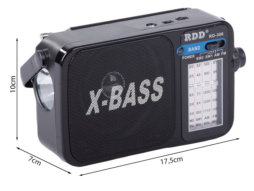 Radio, bærbar, – FM/AM/SW, genopladelig med X-BASS & lommelygte