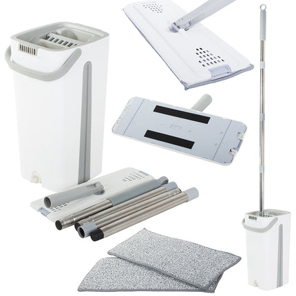 Platt moppset med hink med två fack för effektiv rengöring