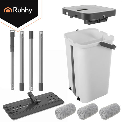 Flatmoppsats - hink 8,5 el. 11L – Inkl. 3 mikrofiberdukar och handsfree-vridning